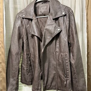 Max Studio Gray Leather Jacket Asymmetrical Zipper Notched Lapel